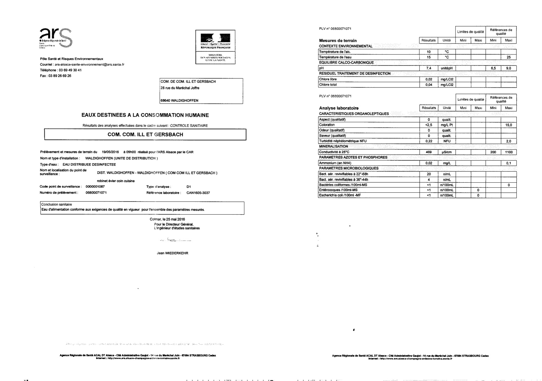 Rapport d'analyse d'eau potable PLV06800071071