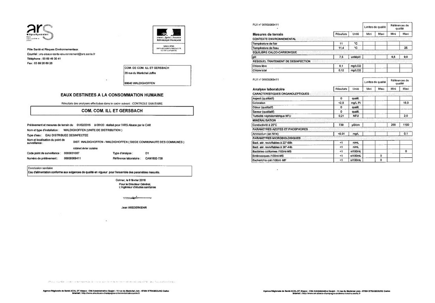 Rapports d'analyses d'eau potable