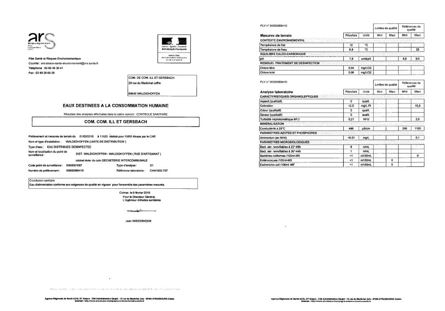 Rapports d'analyses d'eau potable