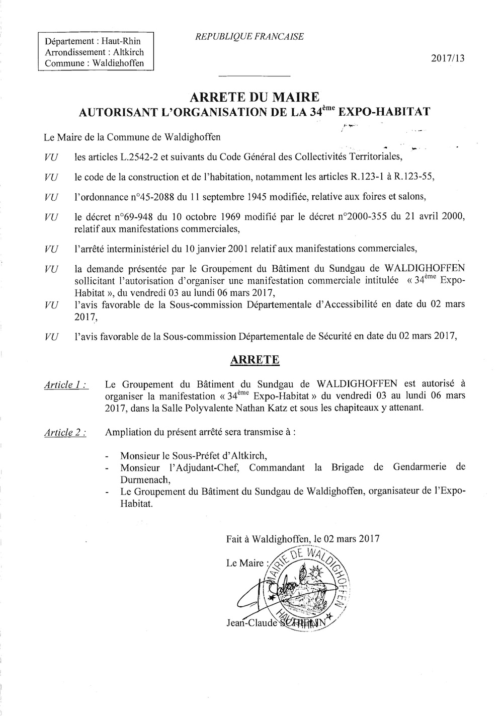 Arrêté autorisant l'organisation de la 34ème Expo-Habitat