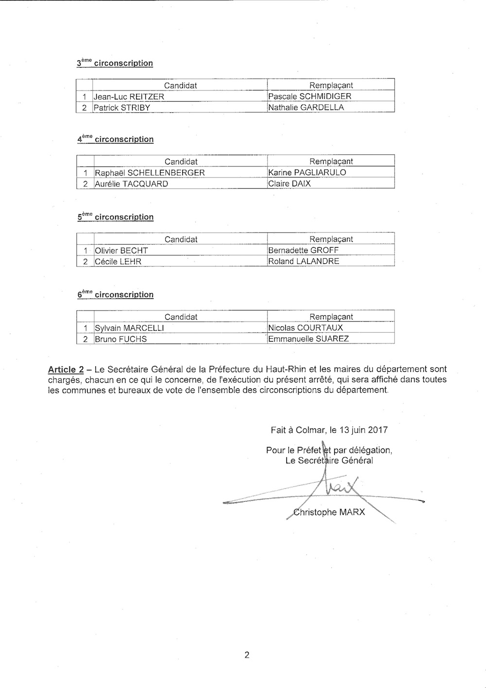 Arrêté fixant la liste des candidats aux élections législatives 2017 du 2ème tour