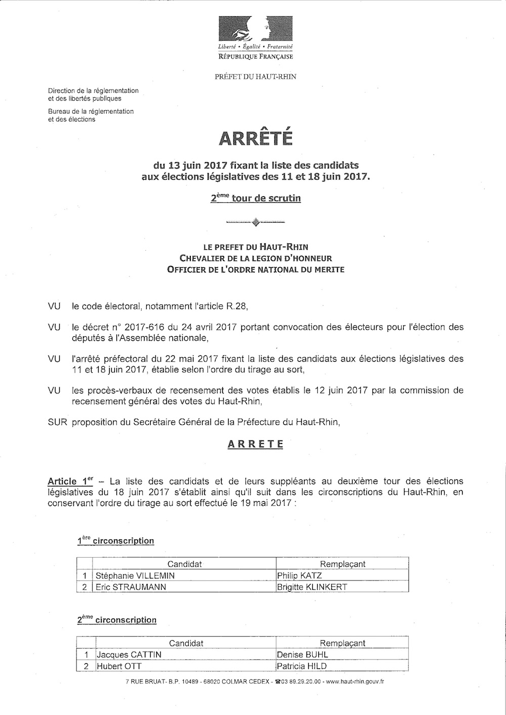 Arrêté fixant la liste des candidats aux élections législatives 2017 du 2ème tour