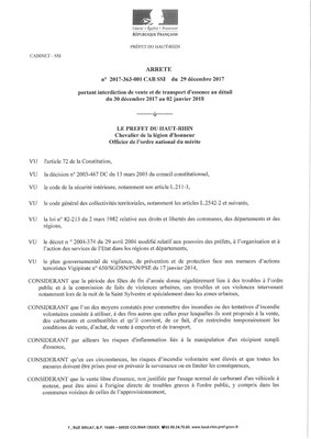 Arrêté portant interdiction de vente et de transport d'essence au détail