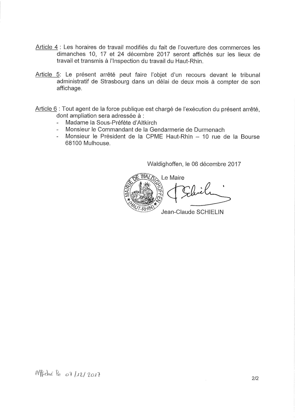 Arrêté portant ouverture dominicale et emploi de personnel dans les commerces pour les Fêtes de Noël 2017