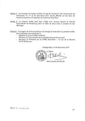 Arrêté portant ouverture dominicale et emploi de personnel dans les commerces pour les Fêtes de Noël 2017
