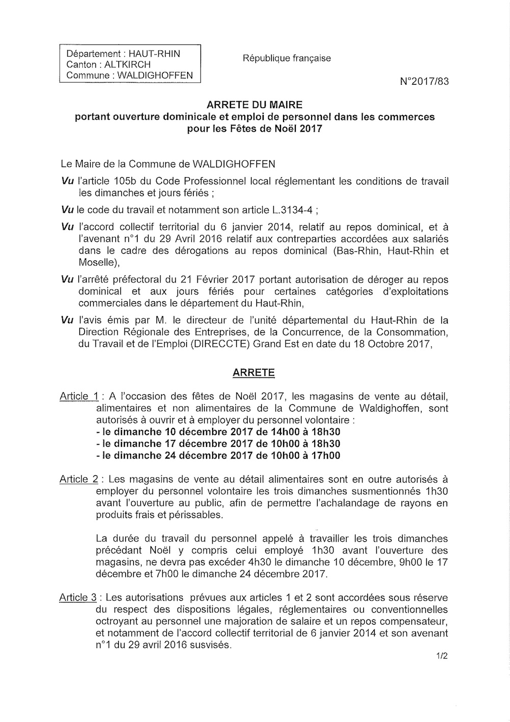Arrêté portant ouverture dominicale et emploi de personnel dans les commerces pour les Fêtes de Noël 2017