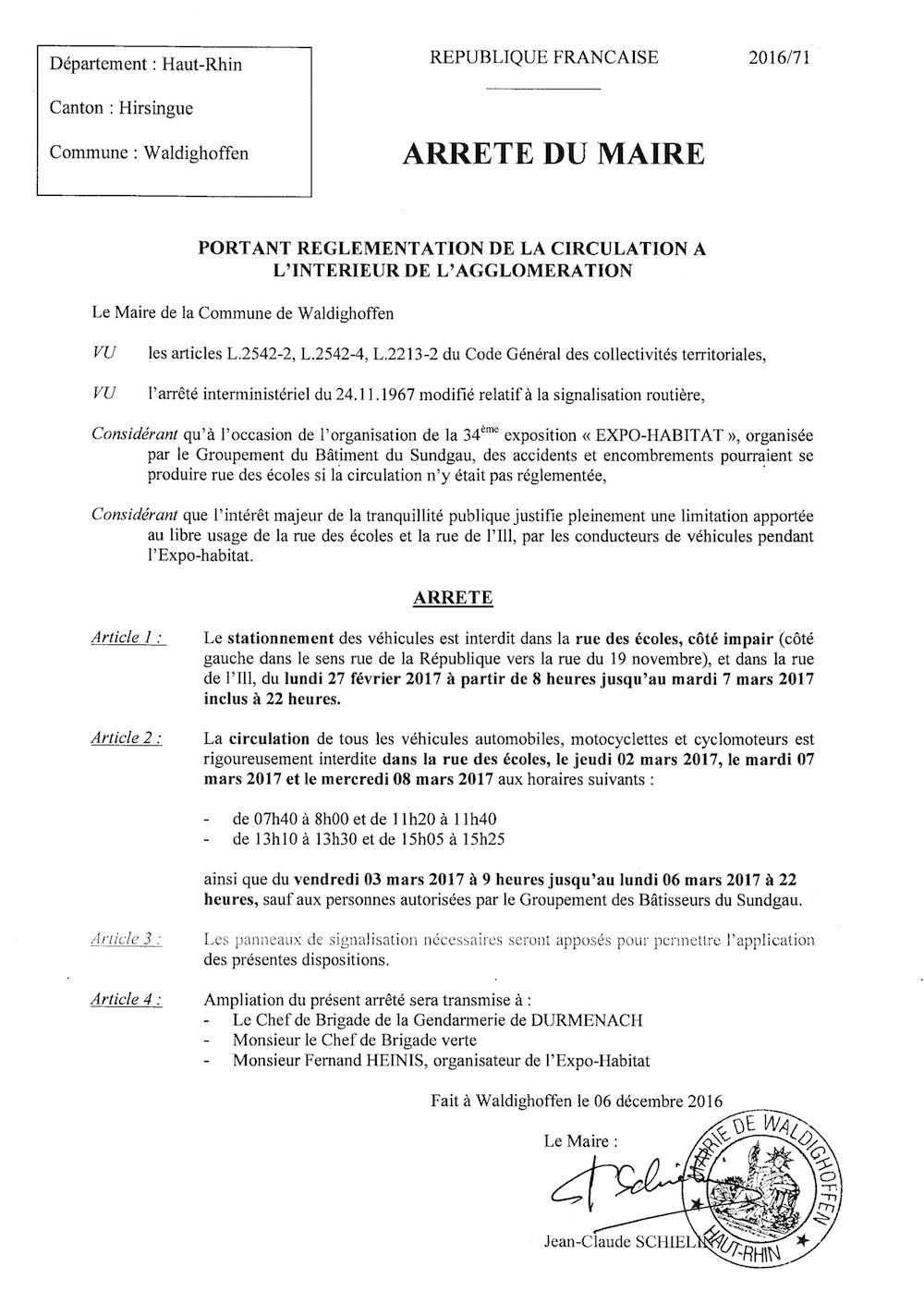 Arrêté portant règlementation de la circulation à l'intérieur de l'agglomération