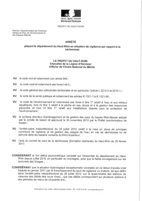 Arrêté préfectoral plaçant le Haut-Rhin en situation de vigilance sécheresse