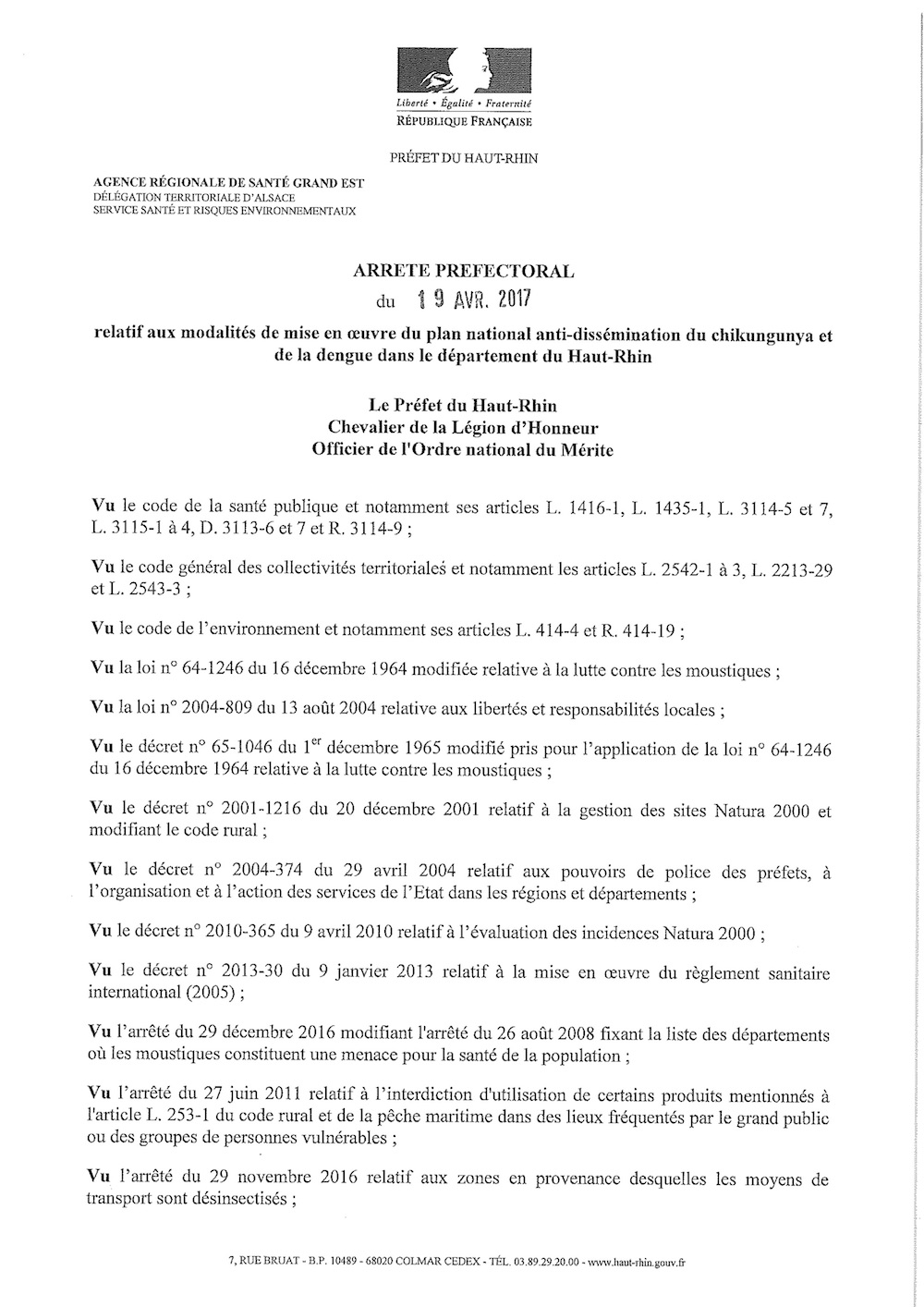 Arrêté préfectoral - plan national anti-dissémination du chikungunya et de la dengue