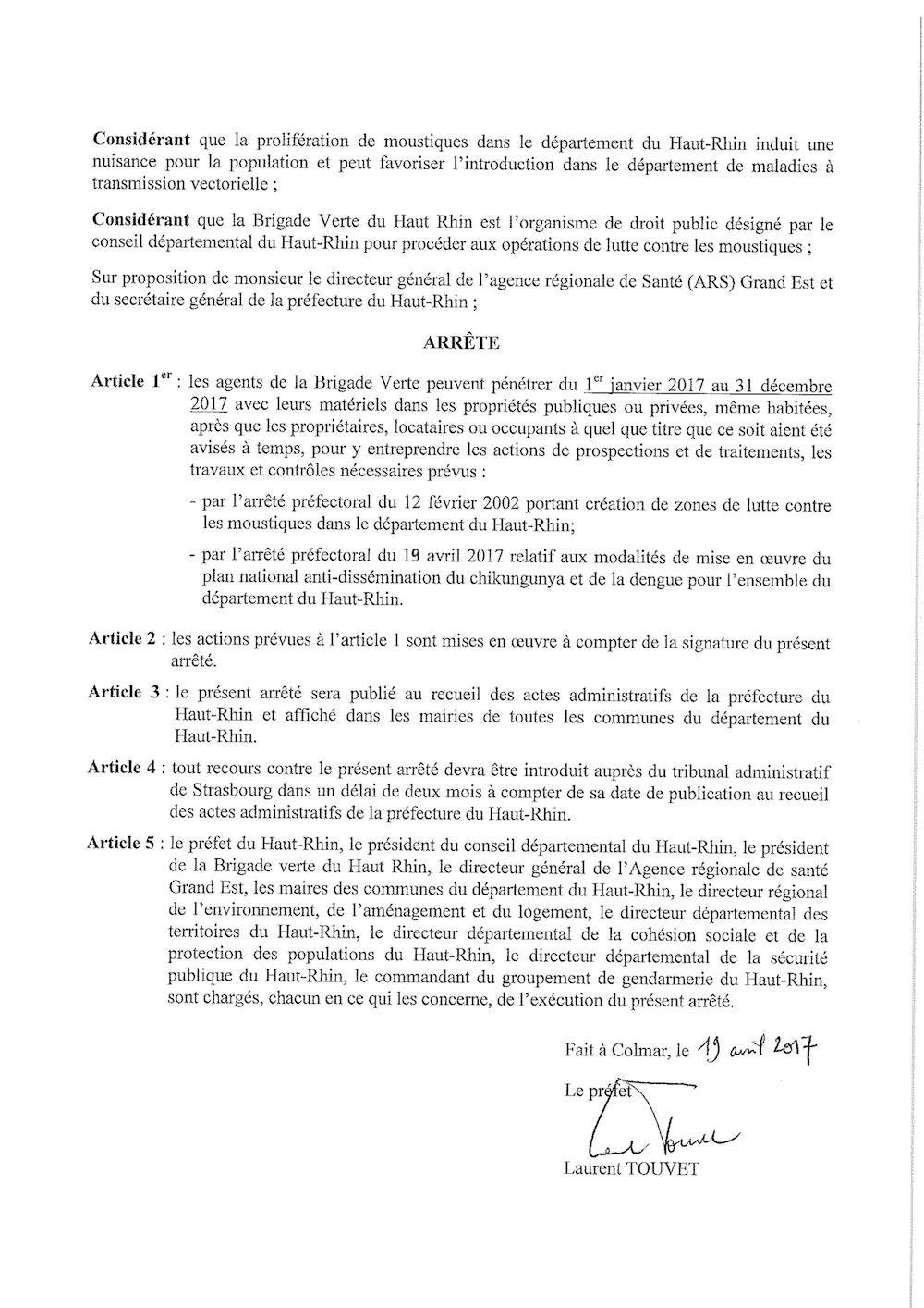 Arrêté préfectoral relatif à la lutte contre les moustiques 