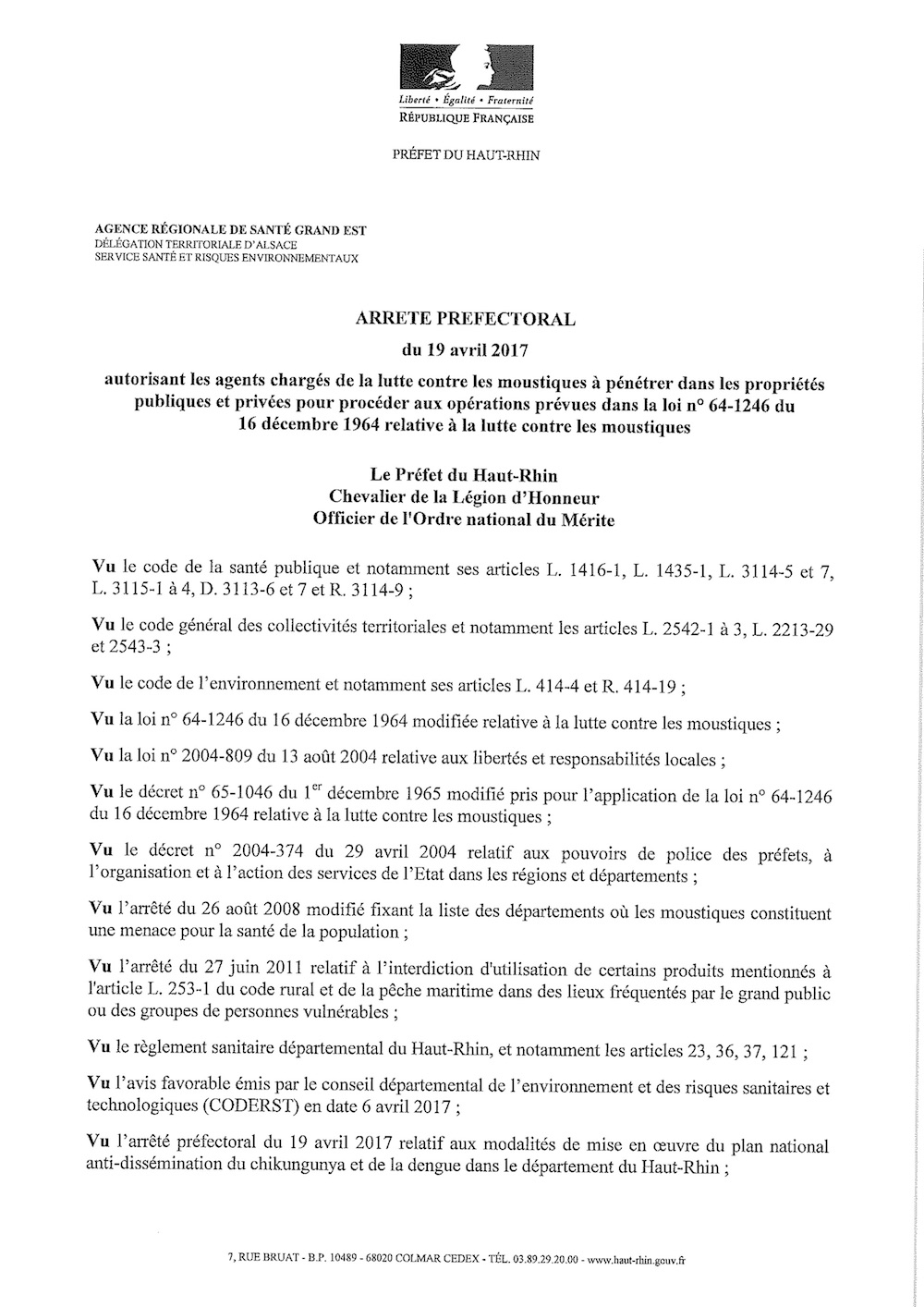 Arrêté préfectoral relatif à la lutte contre les moustiques