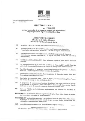 Arrêté préfectoral - suspension de la chasse