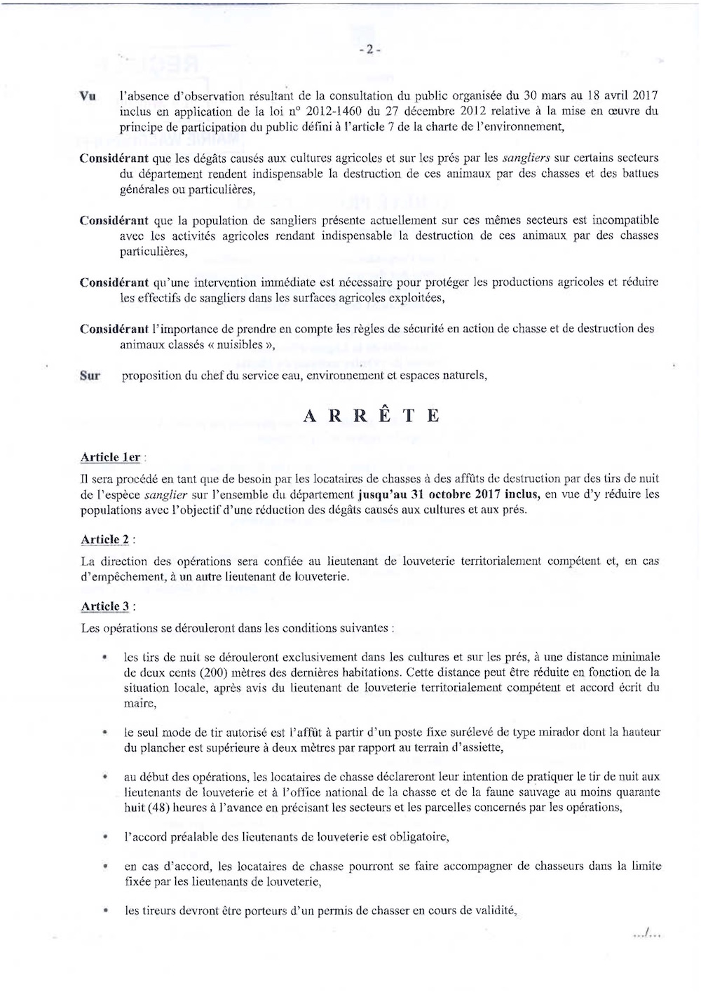 Arrêté prescrivant l'organisation de chasses de l'espèce sanglier 
