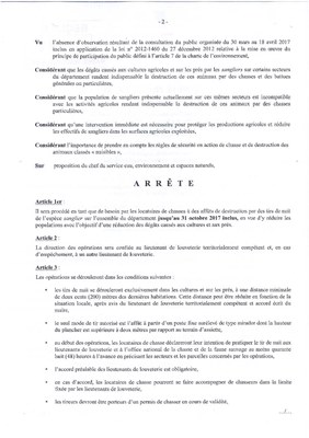 Arrêté prescrivant l'organisation de chasses de l'espèce sanglier 