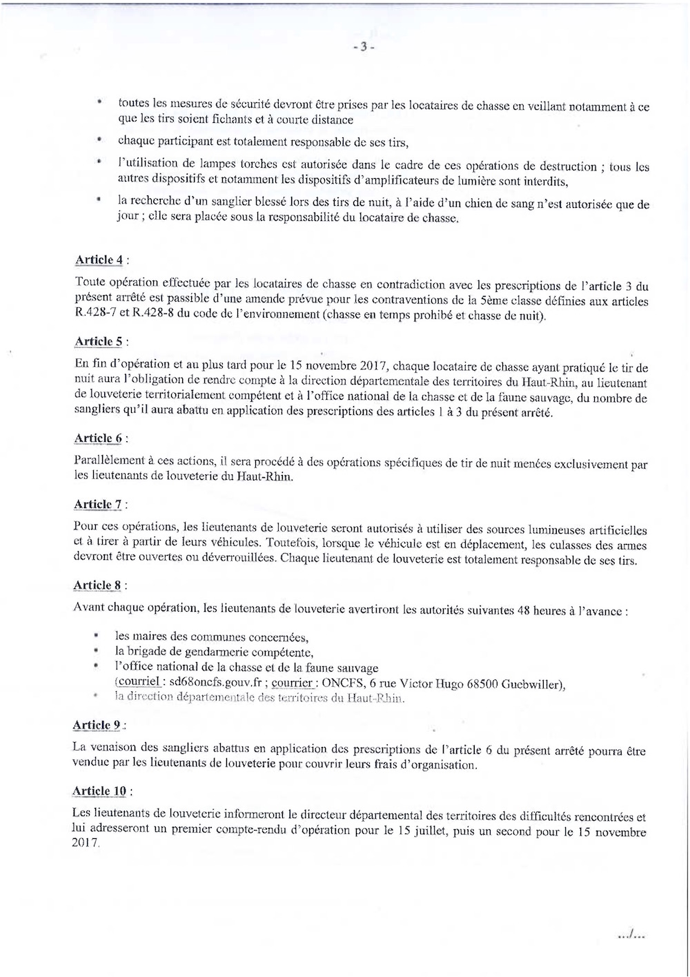 Arrêté prescrivant l'organisation de chasses de l'espèce sanglier 