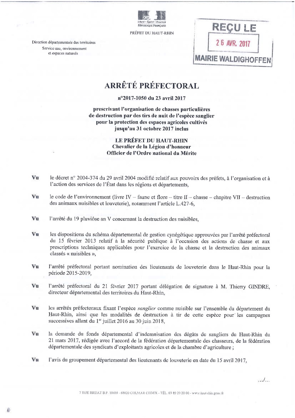 Arrêté prescrivant l'organisation de chasses de l'espèce sanglier