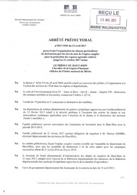Arrêté prescrivant l'organisation de chasses de l'espèce sanglier