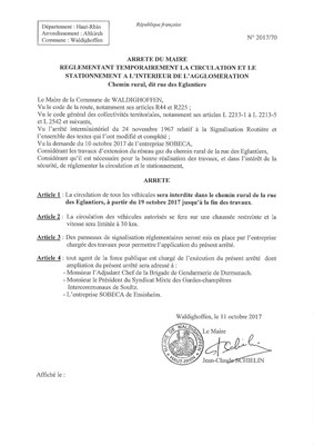 Arrêté réglementant temporairement la circulation du Chemin rural, rue des Eglantiers