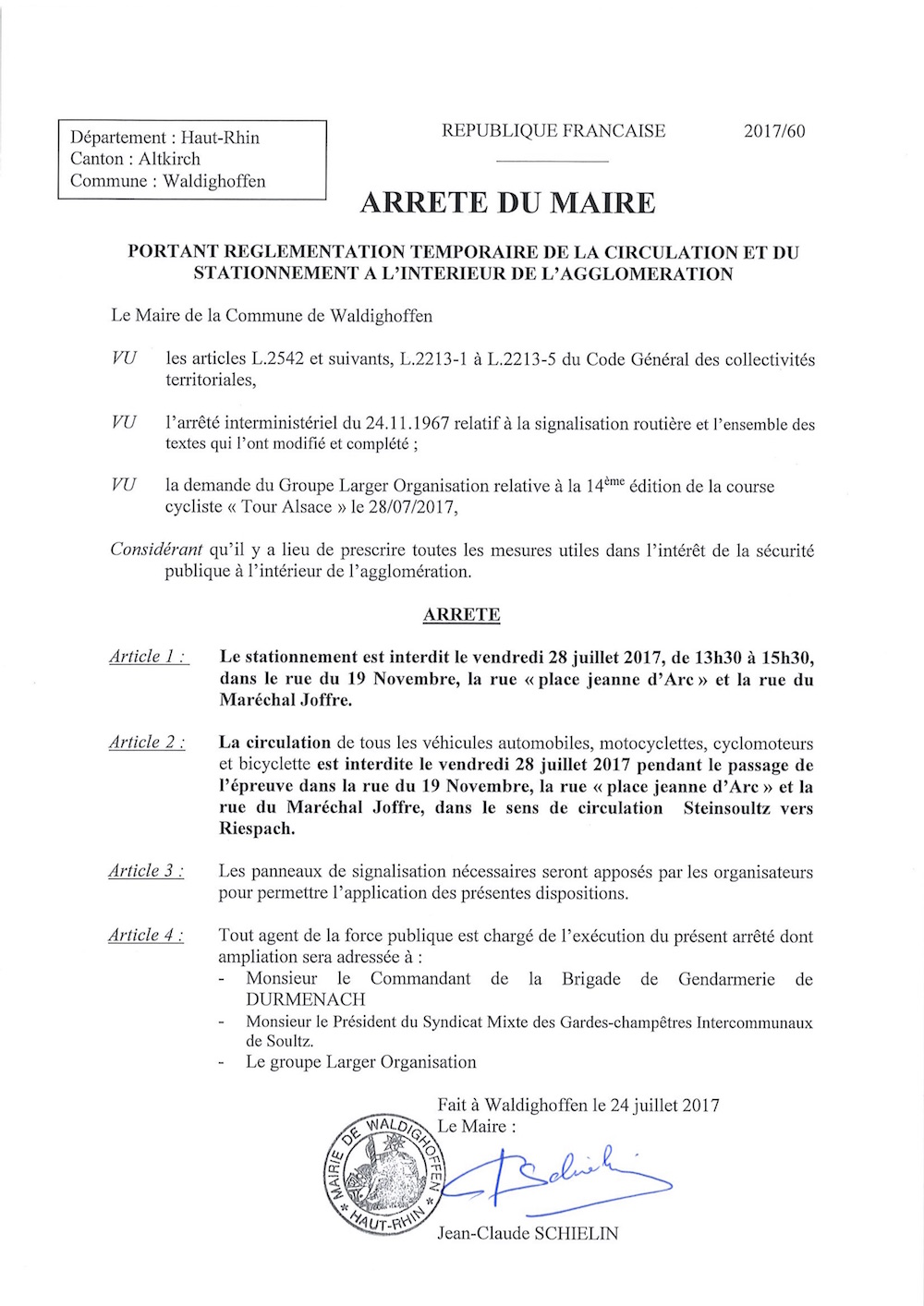 Arrêté règlementant temporairement la circulation et le stationnement dans le cadre du Tour d'Alsace 