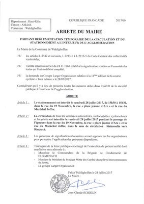 Arrêté règlementant temporairement la circulation et le stationnement dans le cadre du Tour d'Alsace 