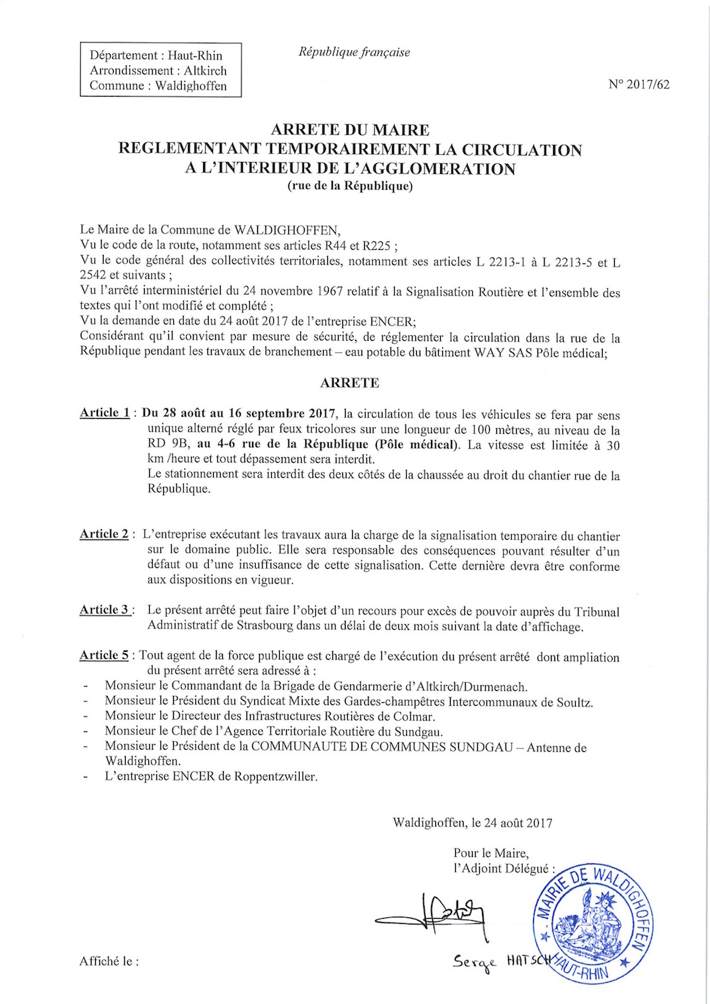 Arrêté règlementant temporairement la circulation et le stationnement rue de la République