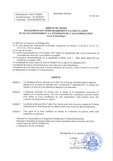 Arrêté réglementant temporairement la circulation et le stationnement rue de la République