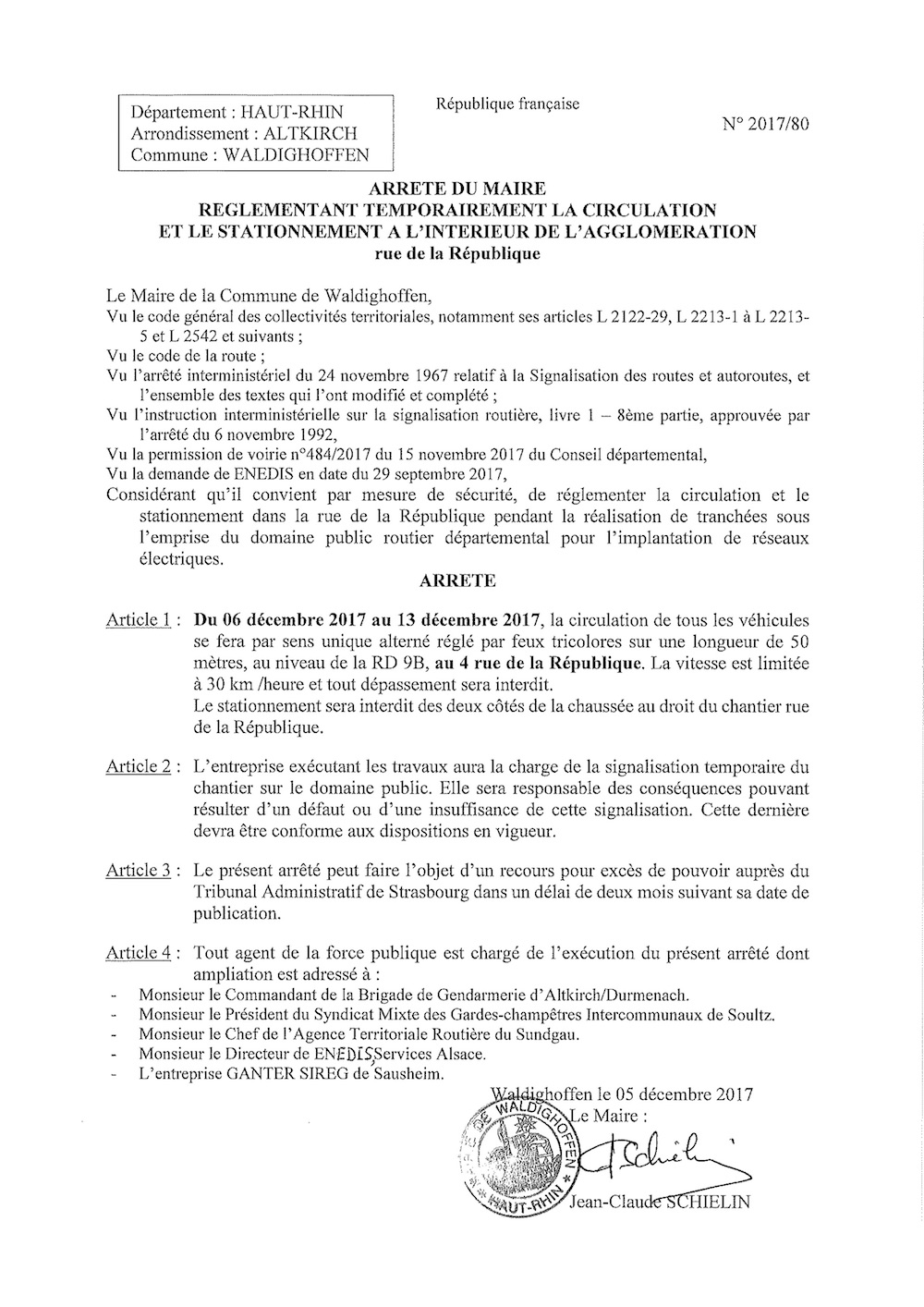 Arrêté réglementant temporairement la circulation et le stationnement rue de la République