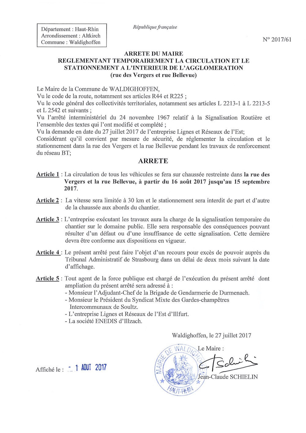 Arrêté règlementant temporairement la circulation et le stationnement rue des Vergers et rue Bellevue