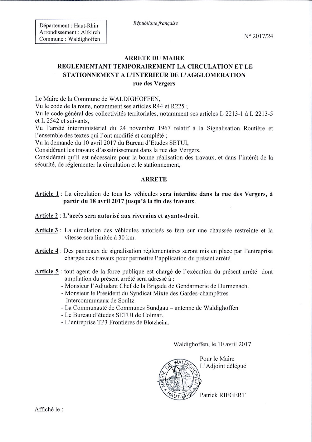 Arrêté règlementant temporairement la circulation et le stationnement rue des Vergers 