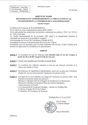Arrêté règlementant temporairement la circulation et le stationnement rue des Vergers 
