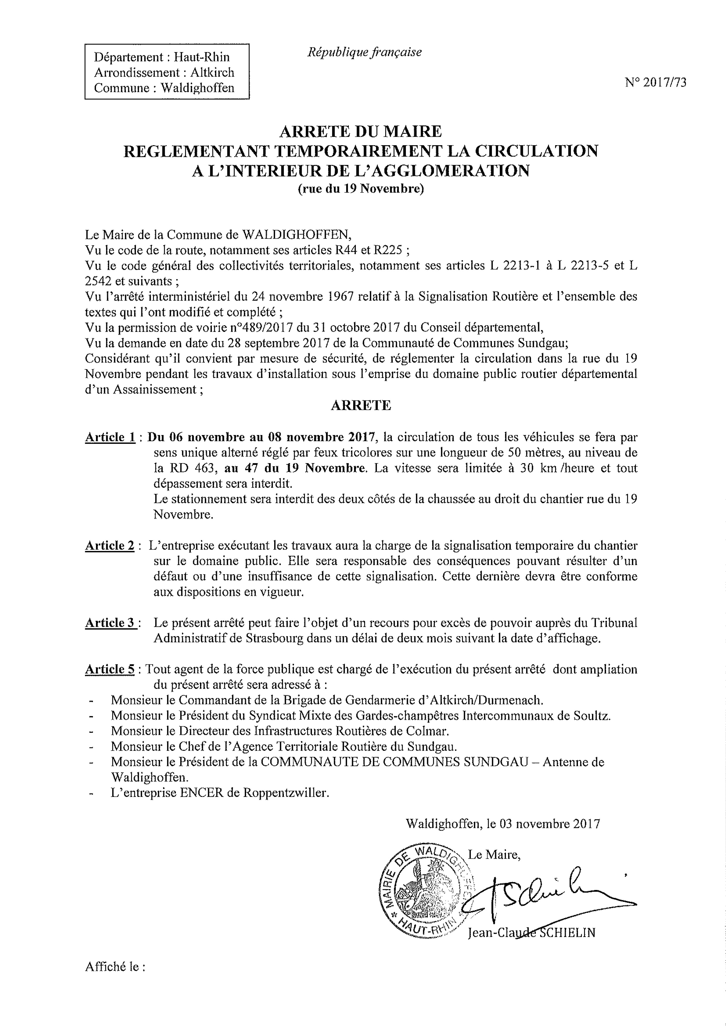 Arrêté réglementant temporairement la circulation et le stationnement rue du 19 Novembre