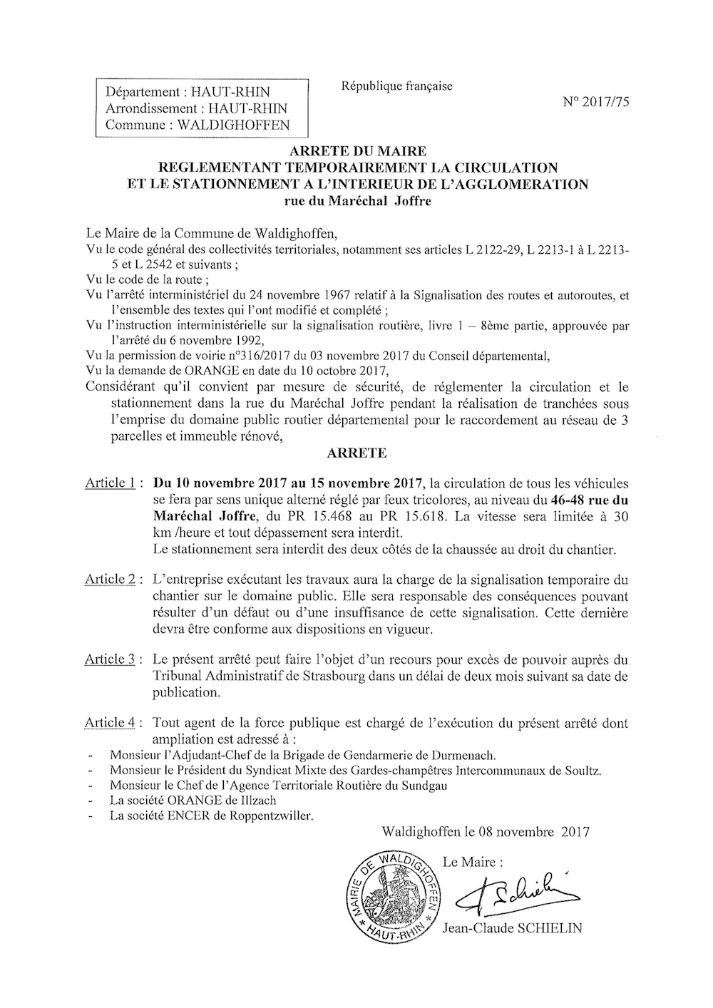 Arrêté réglementant temporairement la circulation et le stationnement rue du Maréchal Joffre