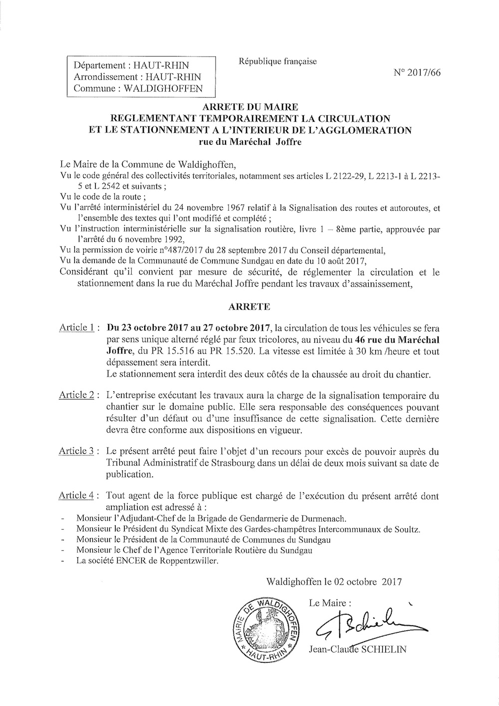 Arrêté réglementant temporairement la circulation et le stationnement rue du Maréchal Joffre