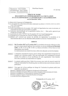 Arrêté réglementant temporairement la circulation et le stationnement rue du Maréchal Joffre