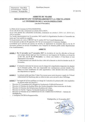 Arrêté réglementant temporairement la circulation rue du 19 Novembre