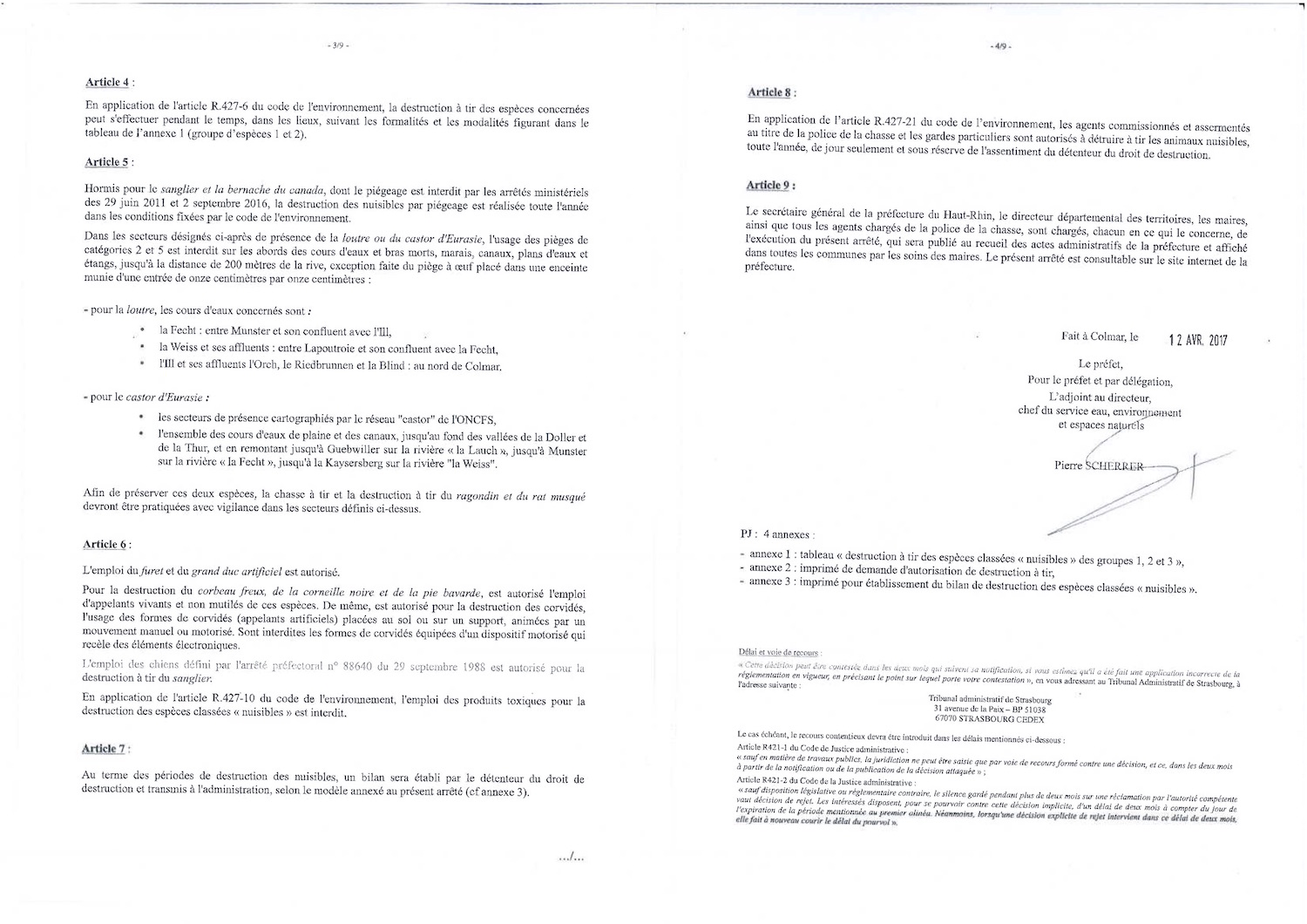 Arrêté relatif aux modalités de destruction des espèces d'animaux classés "nuisibles" P2