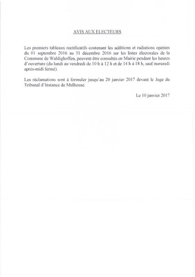 Avis aux électeurs de mise à disposition des 1er tableaux rectificatifs