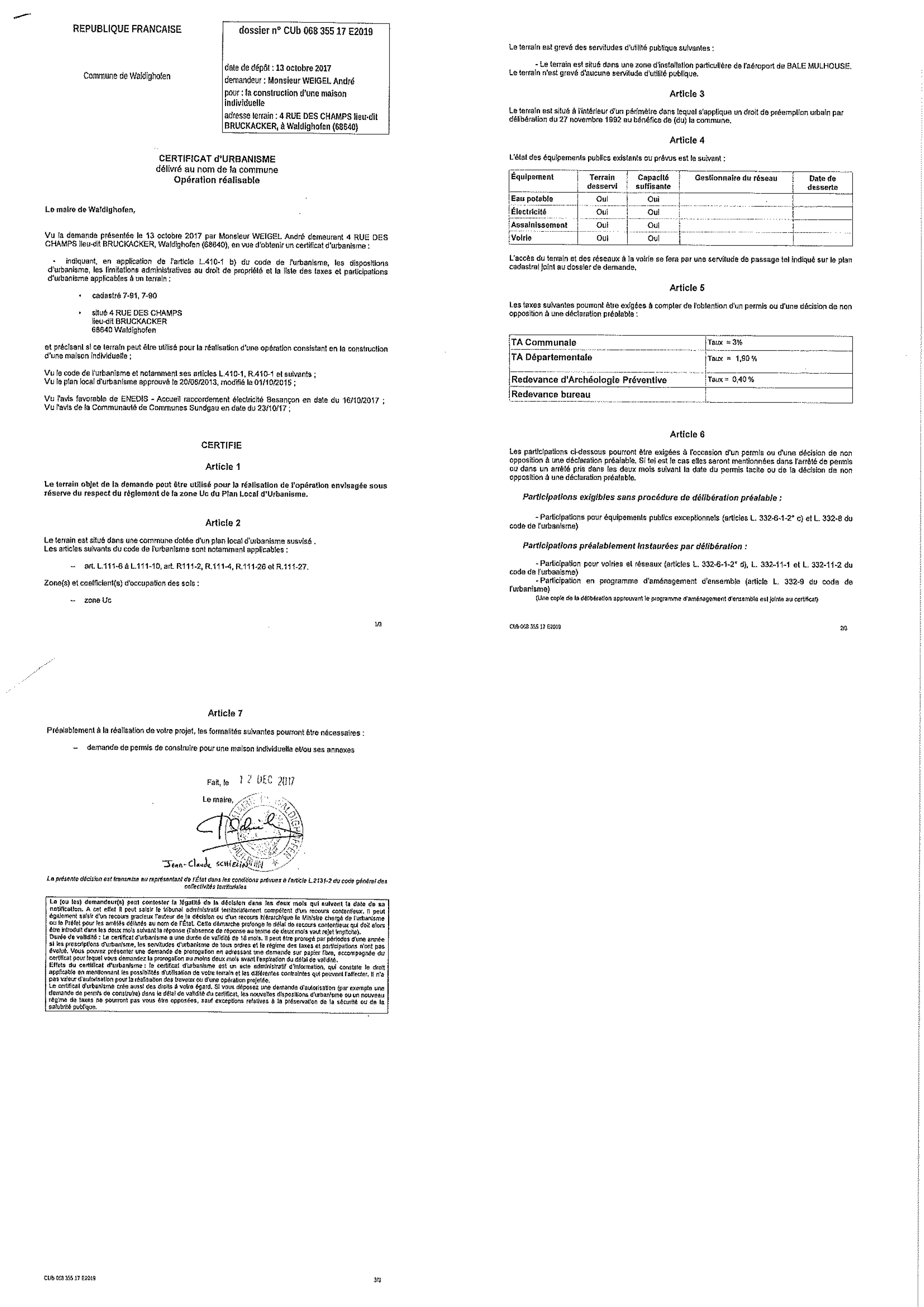 Certificat d'urbanisme délivré à M. WEIGEL