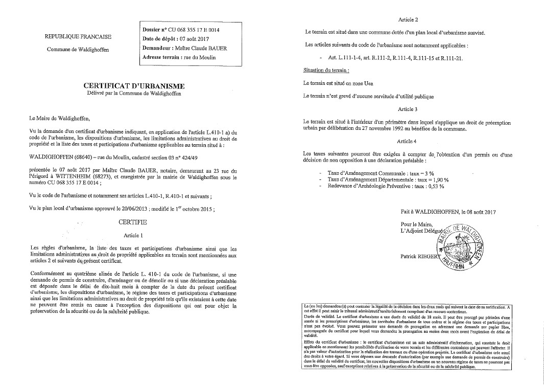 Certificat d'urbanisme délivré à Maître BAUER