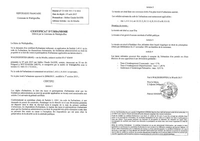 Certificat d'urbanisme délivré à Maître BAUER
