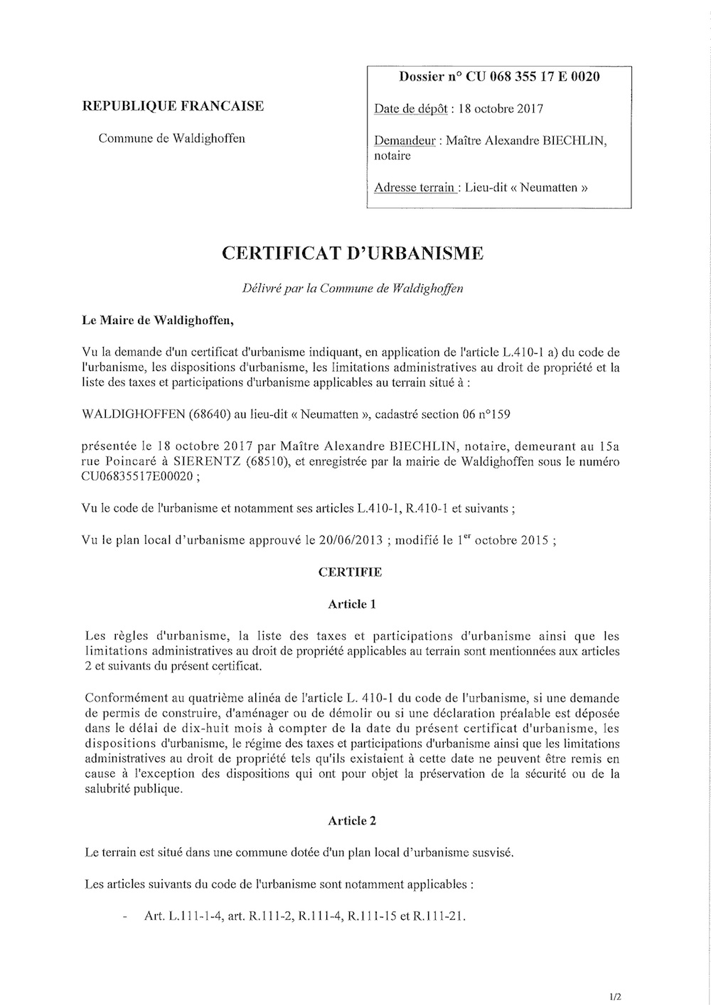 Certificat d'urbanisme délivré à Maître BIECHLIN