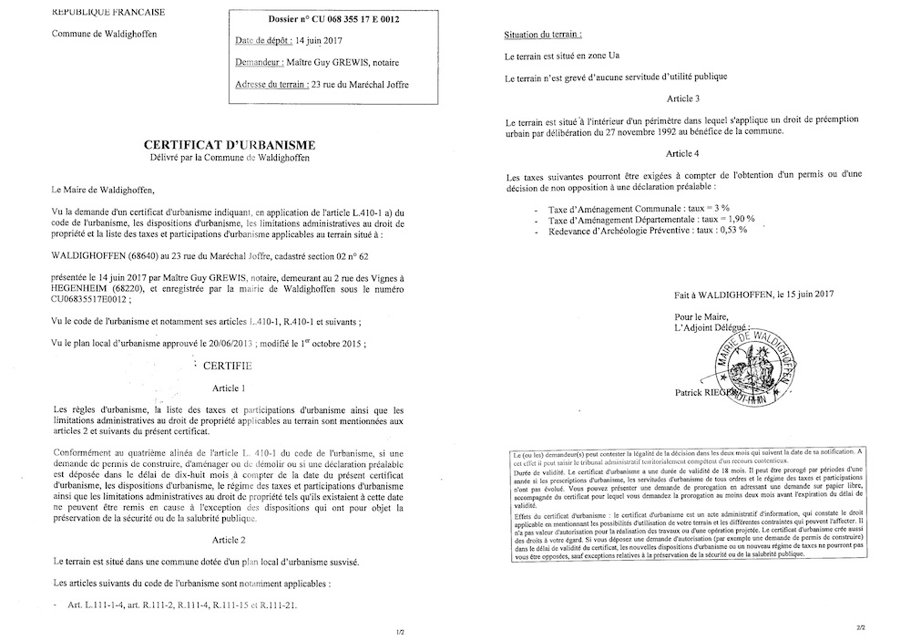 Certificat d'urbanisme délivré à Maître GREWIS