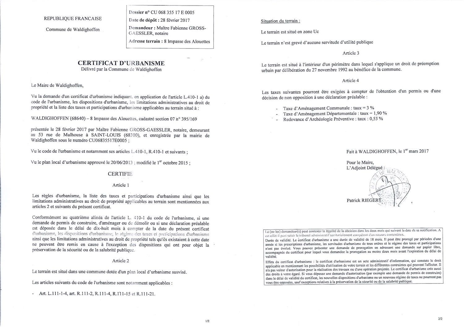 Certificat d'urbanisme délivré à Maître GROSS-GAESSLER