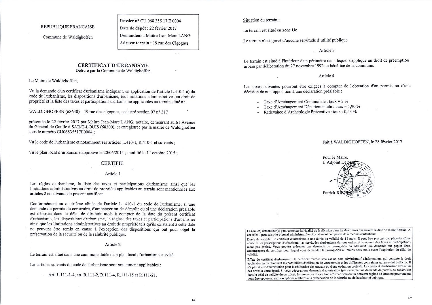 Certificat d'urbanisme délivré à Maître LANG 