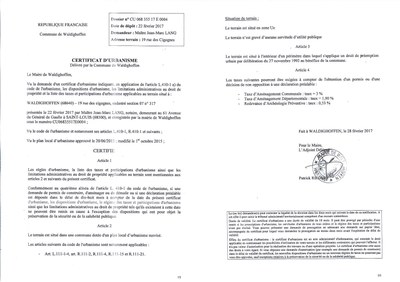 Certificat d'urbanisme délivré à Maître LANG 