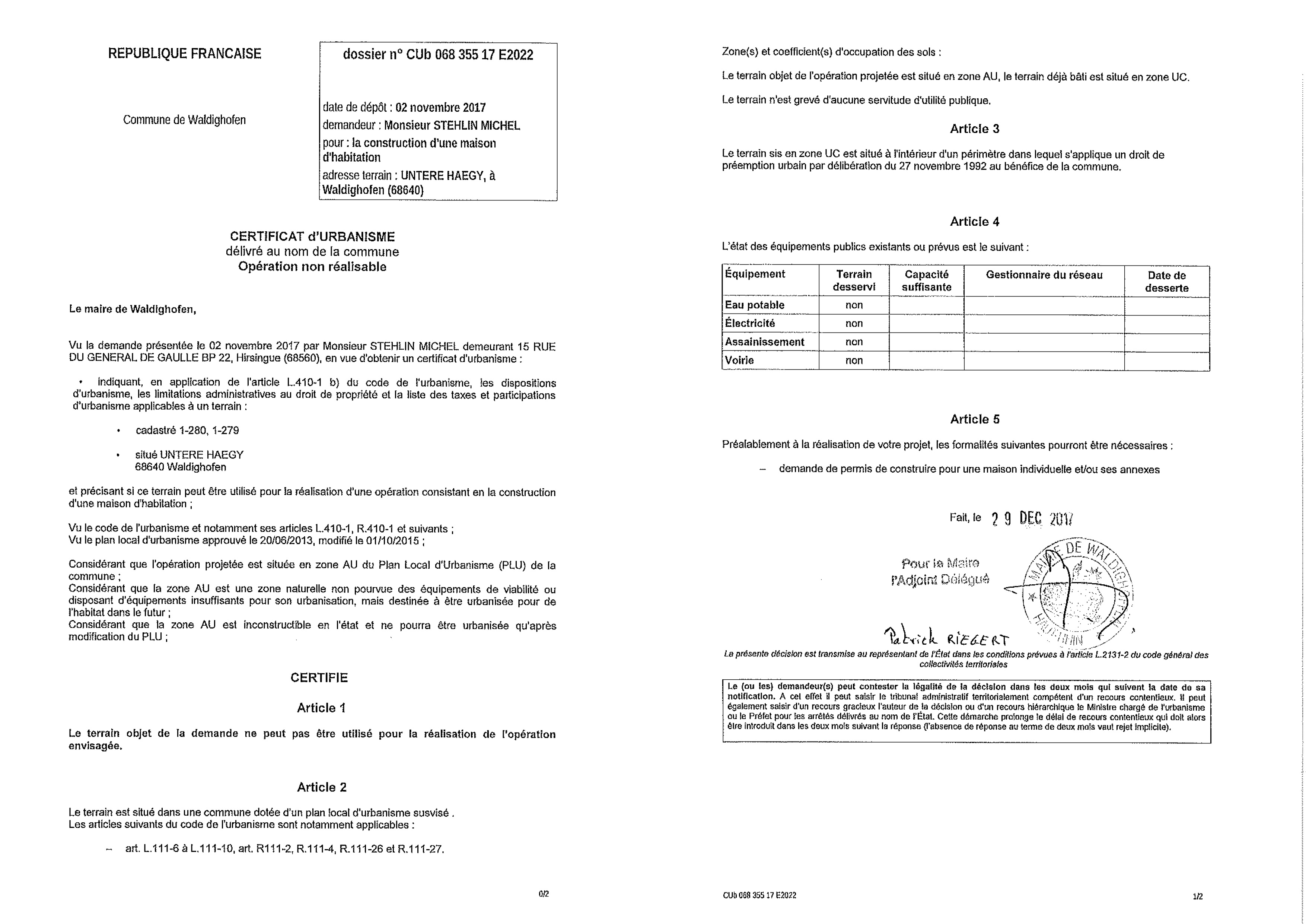 Certificat d'urbanisme délivré à Maître STEHLIN 