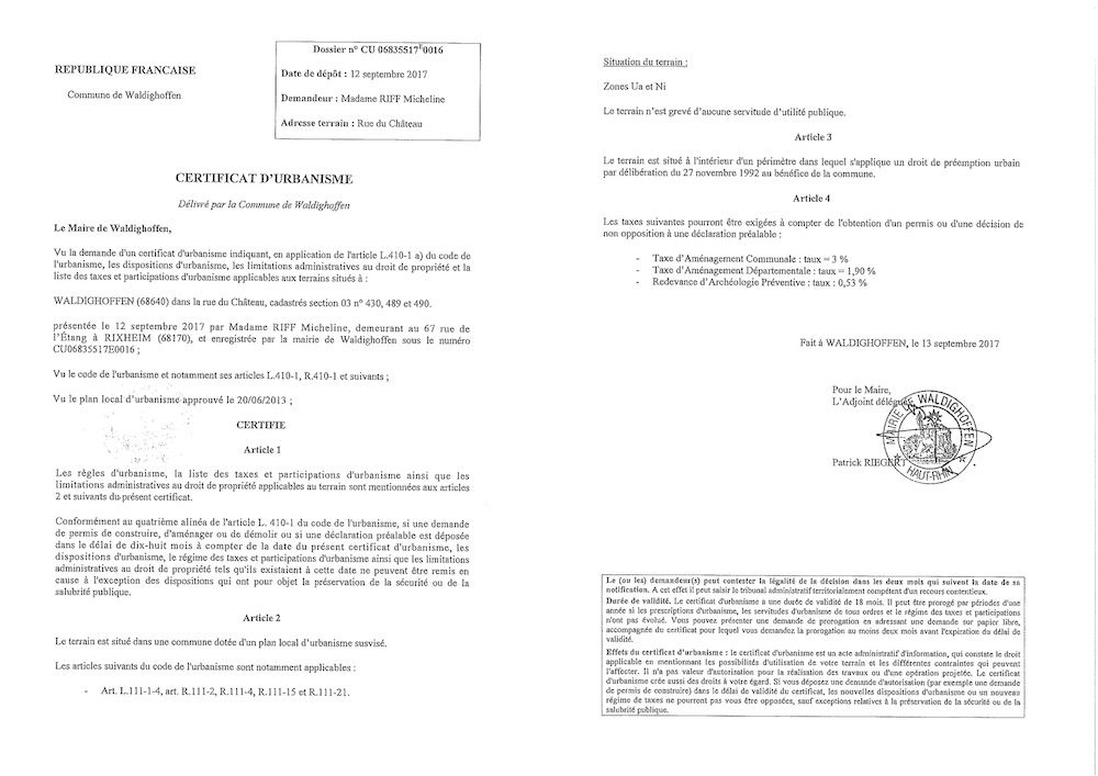 Certificat d'urbanisme délivré à Mme RIFF