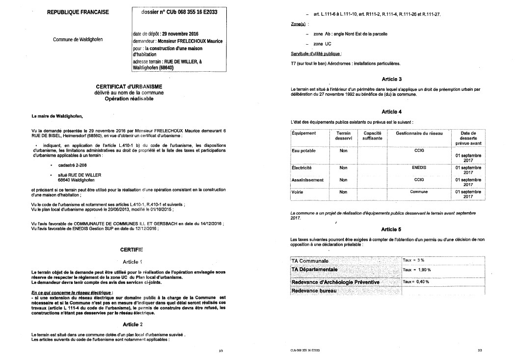 Certificat d'urbanisme opérationnel délivré à M. FRELECHOUX Maurice