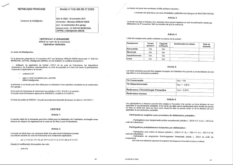 Certificat d'urbanisme opérationnel délivré à M. Henri HENLIN