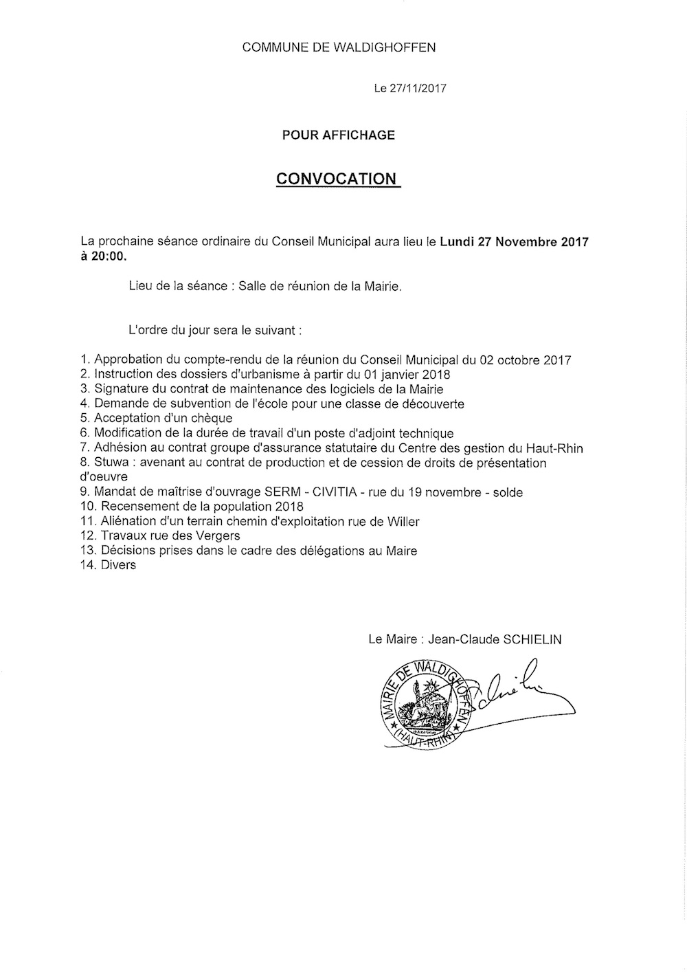 Conseil municipal le 27 novembre 2017